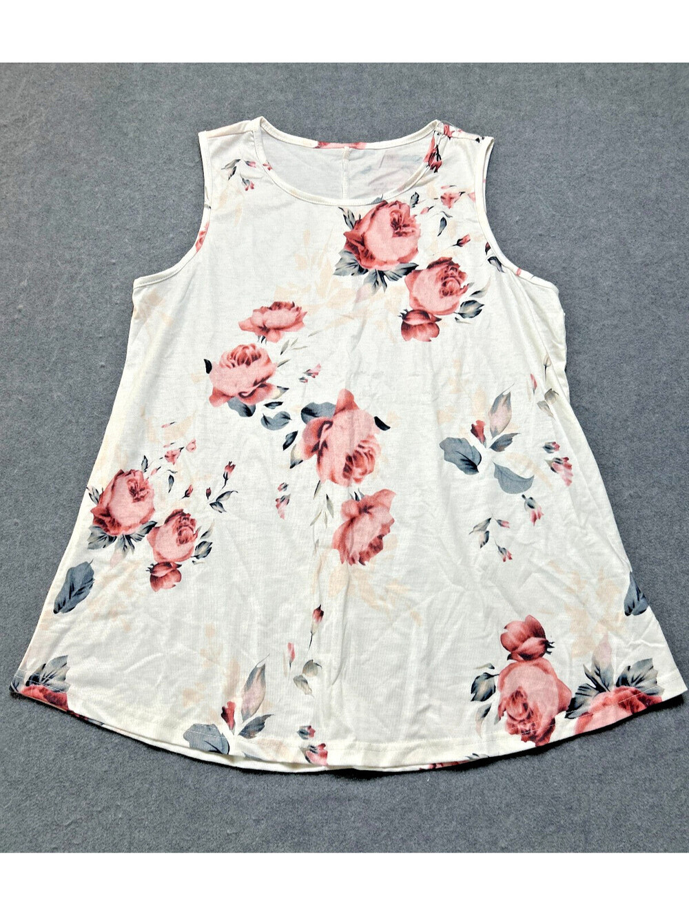 Womens Small Floral Swing Tank Top Ivory Pink Rose Sleeveless Casual